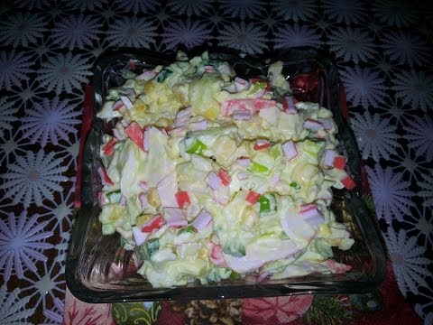 вкусный салат с крабовыми палочками и рисом