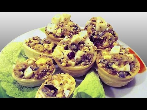 Закуска Рыбный Салат с Плавленым Сыром в Тарталетках кулинарный видео рецепт