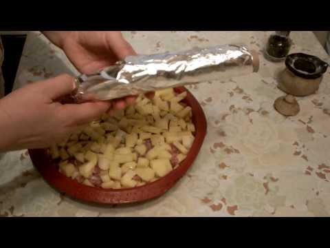 картошка с грибами  и мясом в духовке