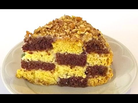 Бисквитный Торт с Заварным Кремом «Шахматный» кулинарный видео рецепт